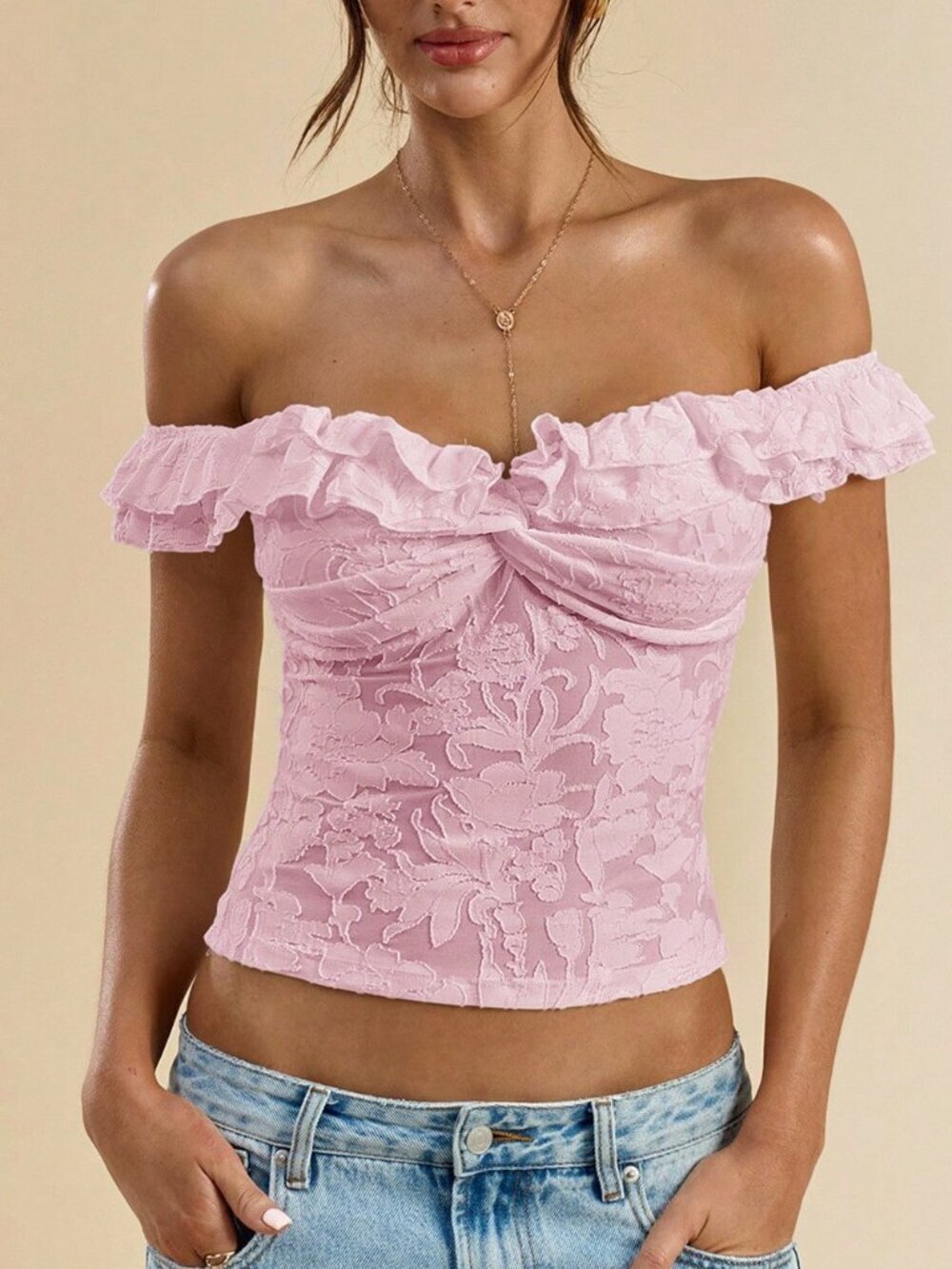 Baby Pink Casual Women's Textured Knit Off-Shoulder Ruffle Twist Bodycon Top